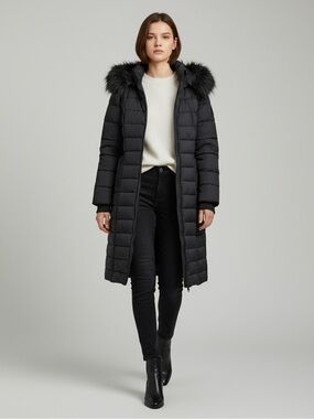 Bebe Black Long Quilted Winter Puffer Coat Faux Fur Trim Hood Size Large